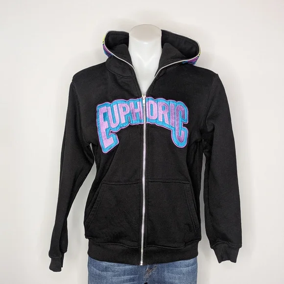Euphoric 777 Black Purple Happy Face Flower Full Zip Heavy Hoodie Sweatshirt M